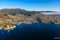 Sandy Bay and Battery Point in the foreground, followed by Hobart and kunanyi / Mt Wellington